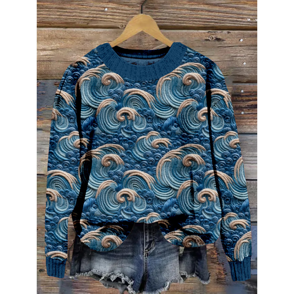 Ocean Waves Embroidery Art Cozy Knit Sweater