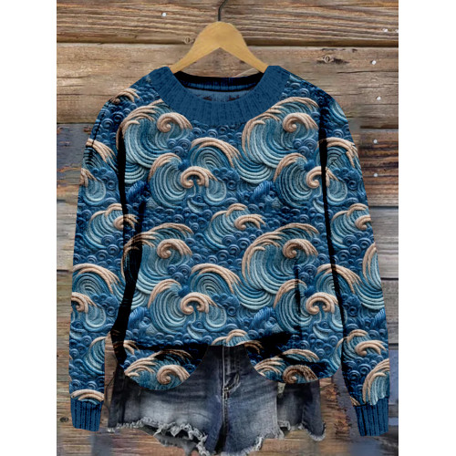 Ocean Waves Embroidery Art Cozy Knit Sweater
