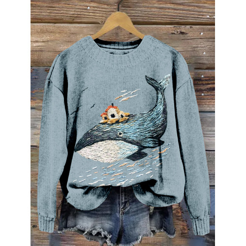 Ocean Whale Embroidery Art Crew Neck Cozy Sweater