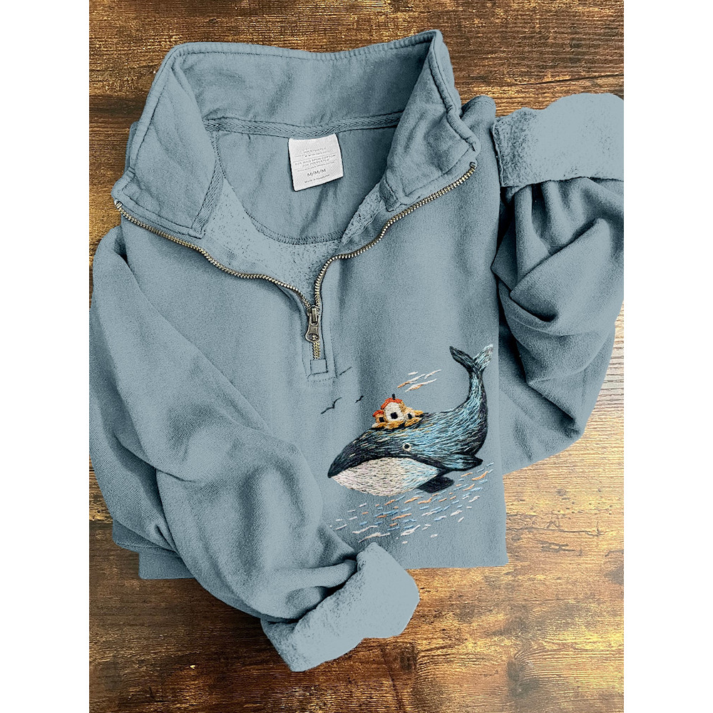 Ocean Whale Embroidery Art Zip Up Comfy Sweatshirt