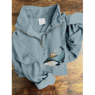 Ocean Whale Embroidery Art Zip Up Comfy Sweatshirt