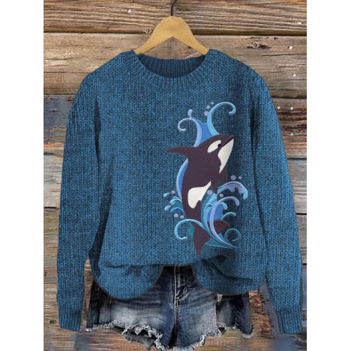 Ocean Whale Embroidery Cozy Knit Sweater