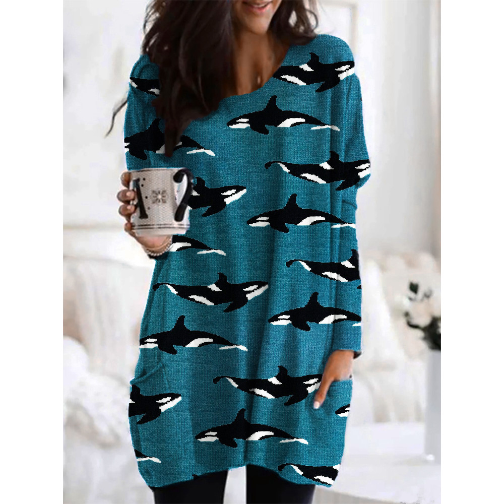Ocean Whale Knit Pattern Long Sleeve Loose T-Shirt
