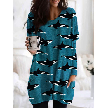 Ocean Whale Knit Pattern Long Sleeve Loose T-Shirt