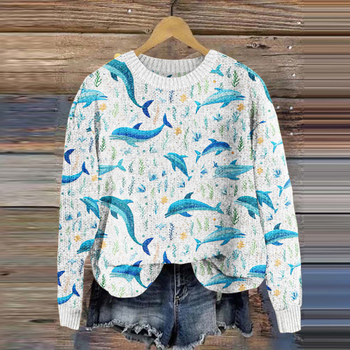 Ocean Whale Landscape Embroidery Pattern Cozy Knit Sweater