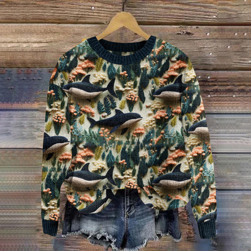 Ocean Whale Landscape Embroidery Pattern Cozy Knit Sweater