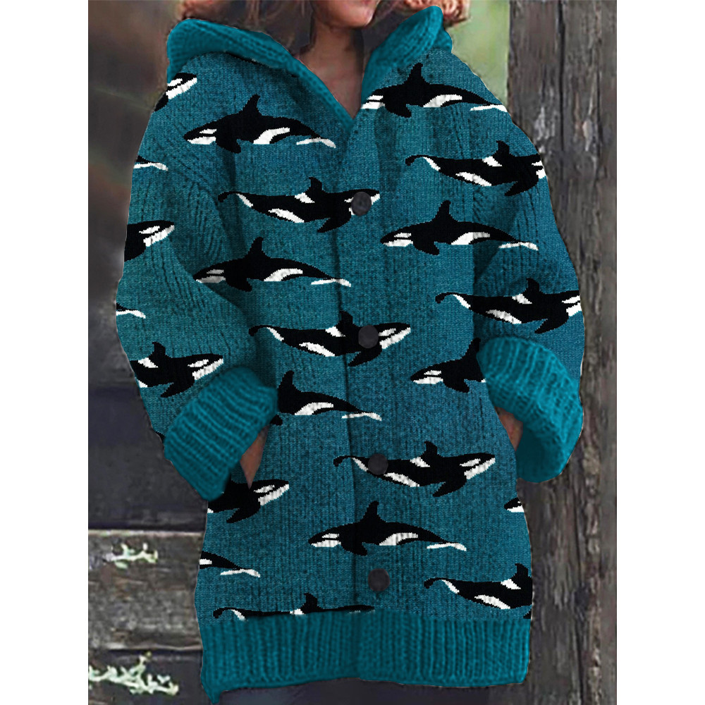 Ocean Whale Pattern Cozy Hooded Cardigan