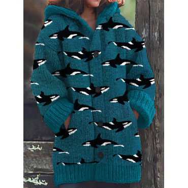Ocean Whale Pattern Cozy Hooded Cardigan