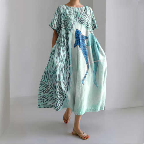 Ocean Whale Print Crew Neck Short Sleeved Casual Midi Dress