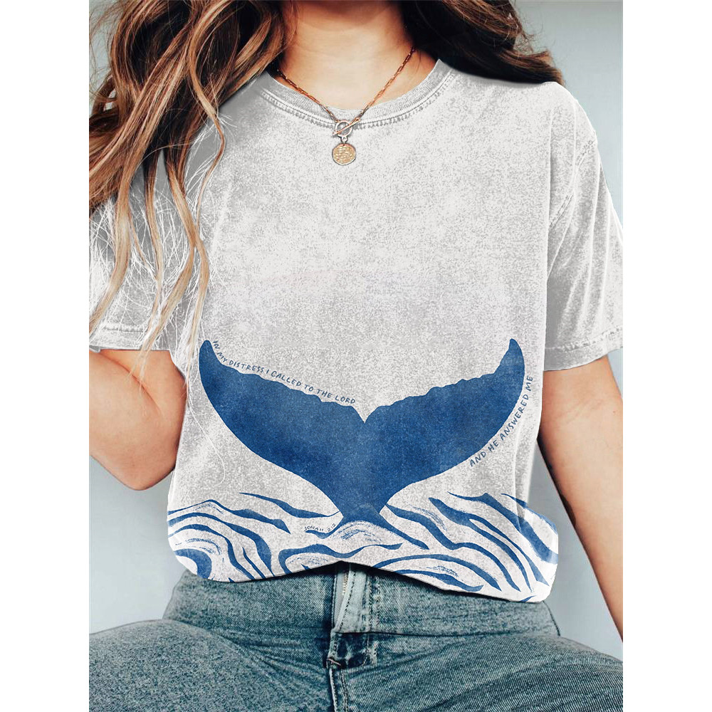 Ocean Whale Tail Christian Art Print Casual Cotton T-Shirt