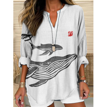 Ocean Whales Lino Art Linen Blend Cozy Tunic