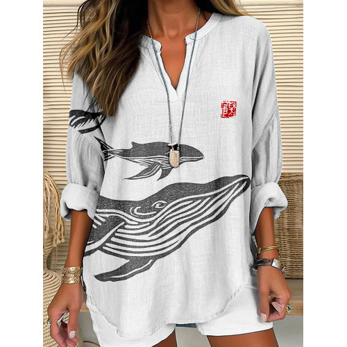 Ocean Whales Lino Art Linen Blend Cozy Tunic