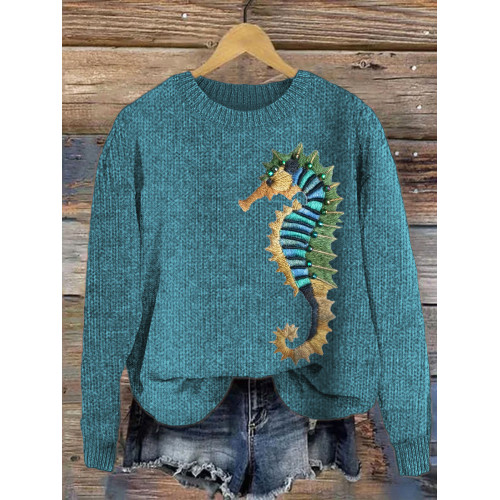 Ocean & Seahorse Pattern Cozy Knit Sweater