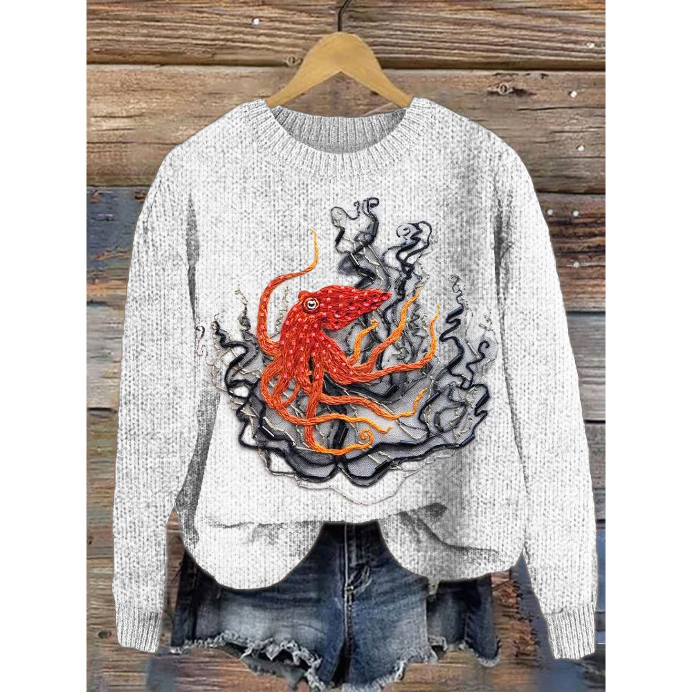 Octopus Art Embroidery Cozy Knit Sweater
