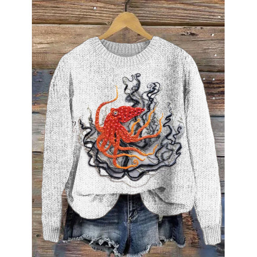 Octopus Art Embroidery Cozy Knit Sweater