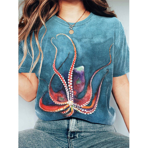 Octopus Art Painting Print Casual Cotton T-Shirt