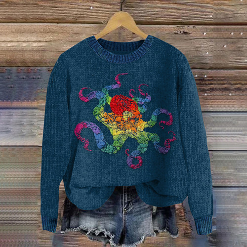Octopus Embroidered Artwork Cozy Sweater