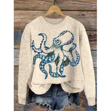 Octopus Embroidery Art Cozy Knitted Sweater
