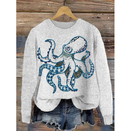 Octopus Embroidery Art Cozy Knitted Sweater