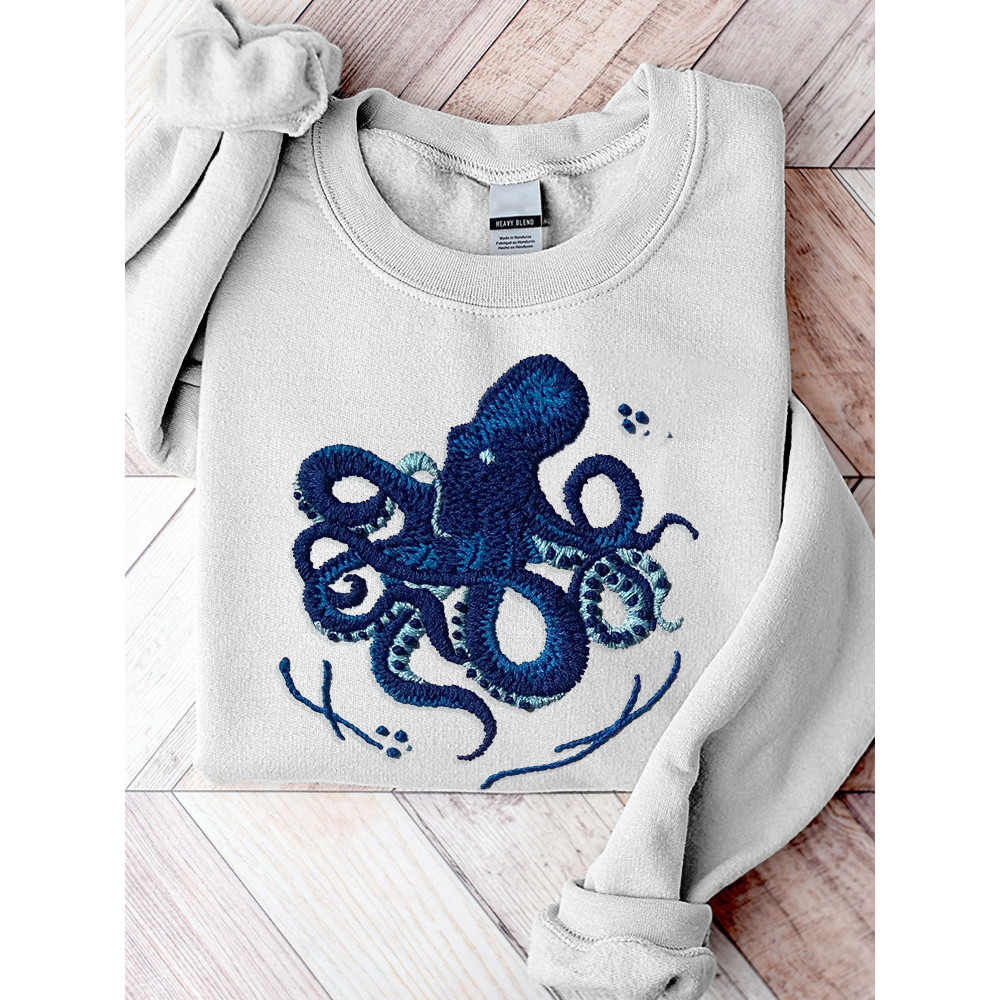 Octopus Embroidery Art Cozy Sweatshirt
