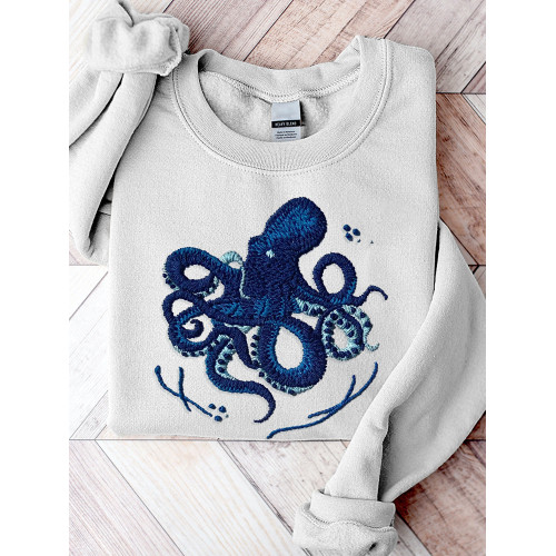 Octopus Embroidery Art Cozy Sweatshirt