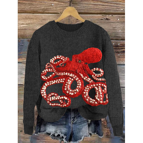Octopus Embroidery Cozy Knit Sweater