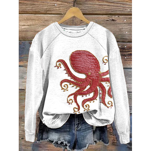 Octopus Embroidery Pattern Casual Cozy Sweatshirt