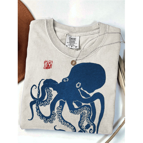 Octopus Japanese Lino Art Comfy T Shirt