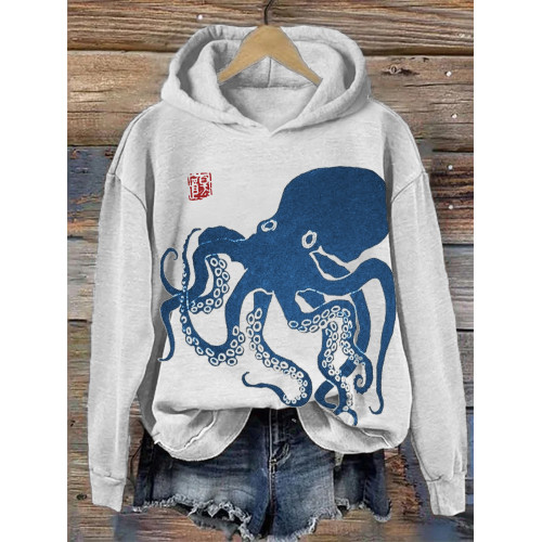 Octopus Japanese Lino Art Cozy Hoodie