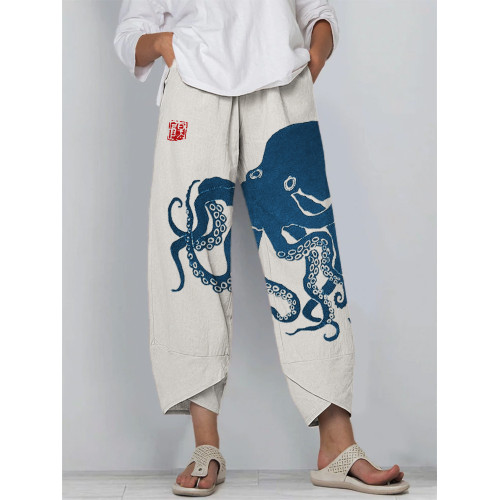 Octopus Japanese Lino Art Cropped Casual Pants