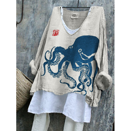 Octopus Japanese Lino Art Flowy Linen Blend Tunic