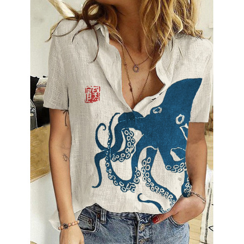 Octopus Japanese Lino Art Linen Blend Blouse