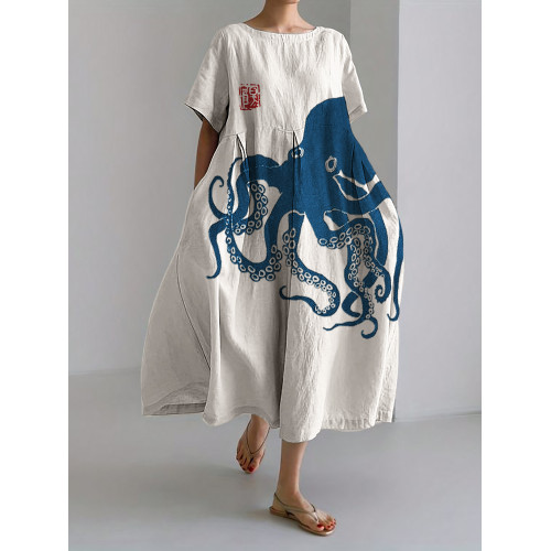 Octopus Japanese Lino Art Linen Blend Maxi Dress