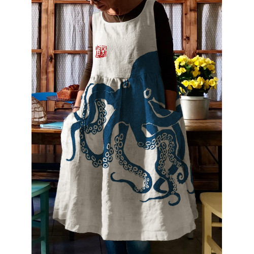 Octopus Japanese Lino Art Linen Blend Pinafore Dress