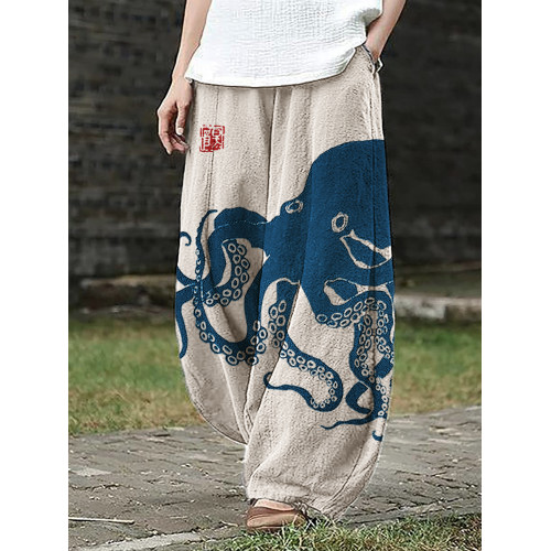 Octopus Japanese Lino Art Linen Blend Wide Leg Pants