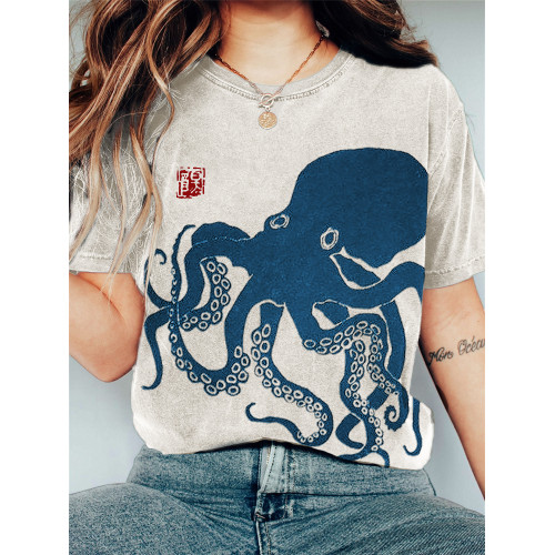 Octopus Japanese Lino Art Vintage T Shirt