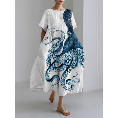 Octopus Ocean Art Linen Blend Maxi Dress