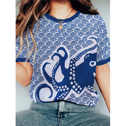 Octopus Sea Waves Art Print Vintage Short Sleeve T-Shirt