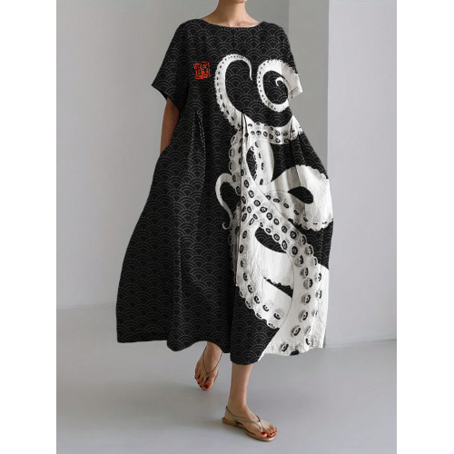 Octopus Tentacles Sea Waves Pattern Linen Blend Maxi Dress