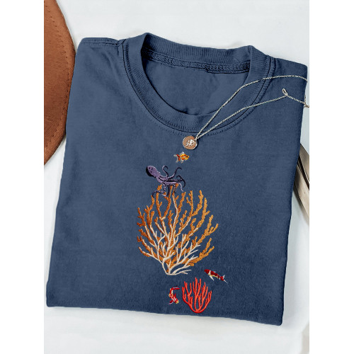 Octopus & Coral Embroidered Art Cozy T Shirt