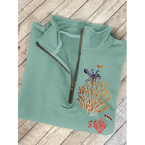 Octopus & Coral Embroidered Art Zip Up Cozy Sweatshirt