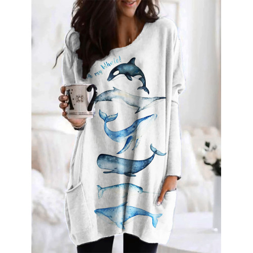 Oh My Whale Print Long Sleeve Loose T-Shirt
