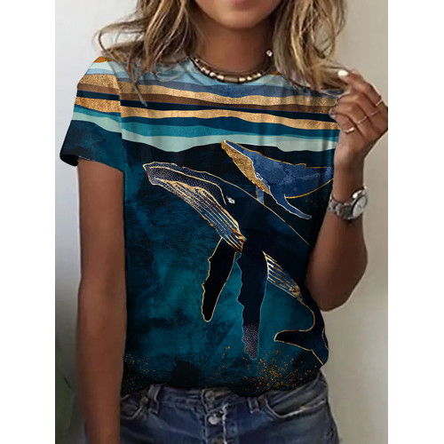 Oil Painting Whale Print Short Sleeve T-Shirt