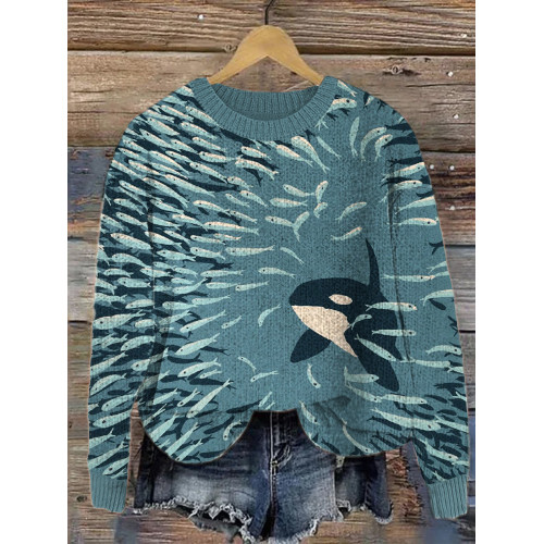 Orca And Herring Ball Art Print Cozy Knitted Sweater
