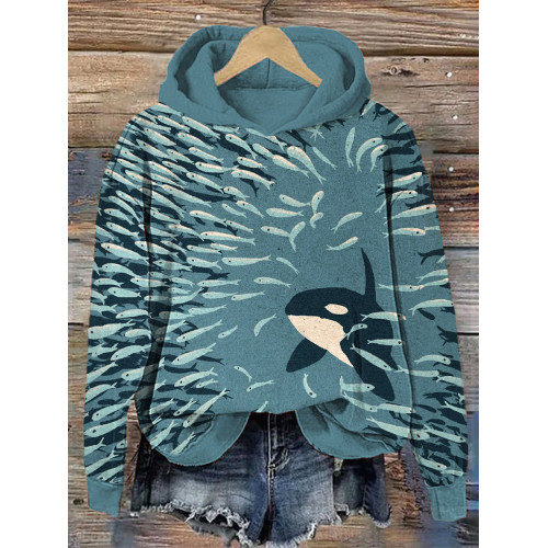 Orca And Herring Pattern Casual Cozy Hoodie