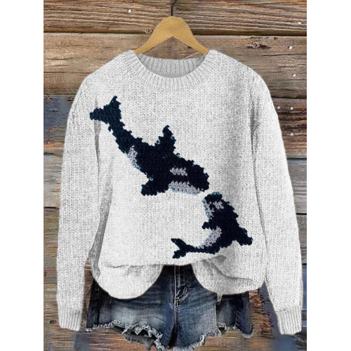 Orca Whale Pattern Casual Cozy Knit Sweater