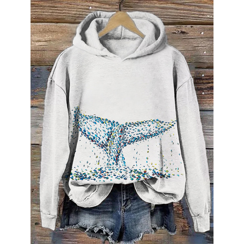 Painted Whale Tail Pattern Cozy Hooded Sweatshirt