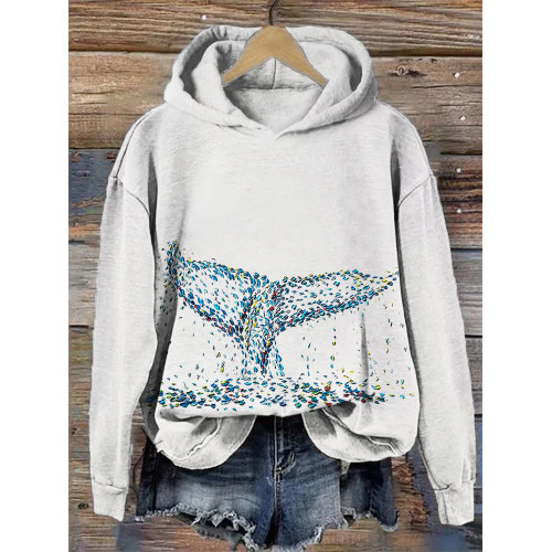 Painted Whale Tail Pattern Cozy Hooded Sweatshirt