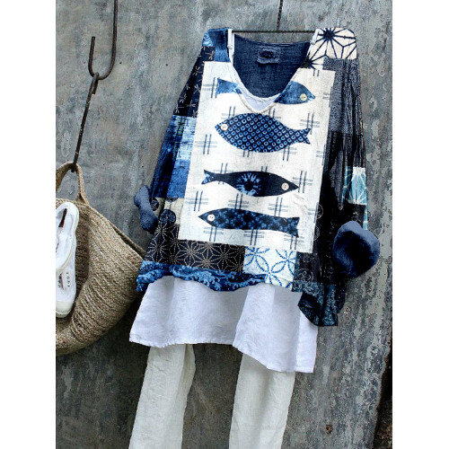 Patchwork Japanese Art Pattern Linen Blend Tunic