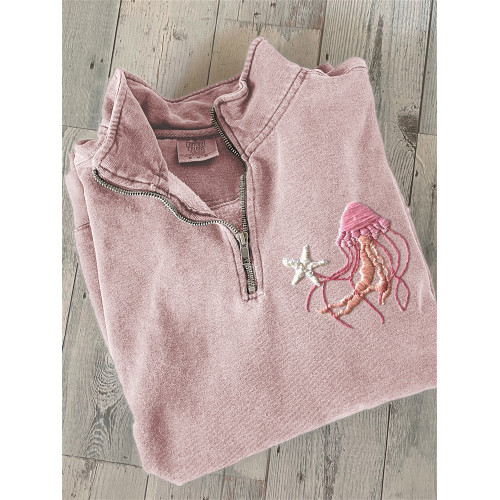 Pink Jellyfish & Starfish Embroidery Zip Up Sweatshirt